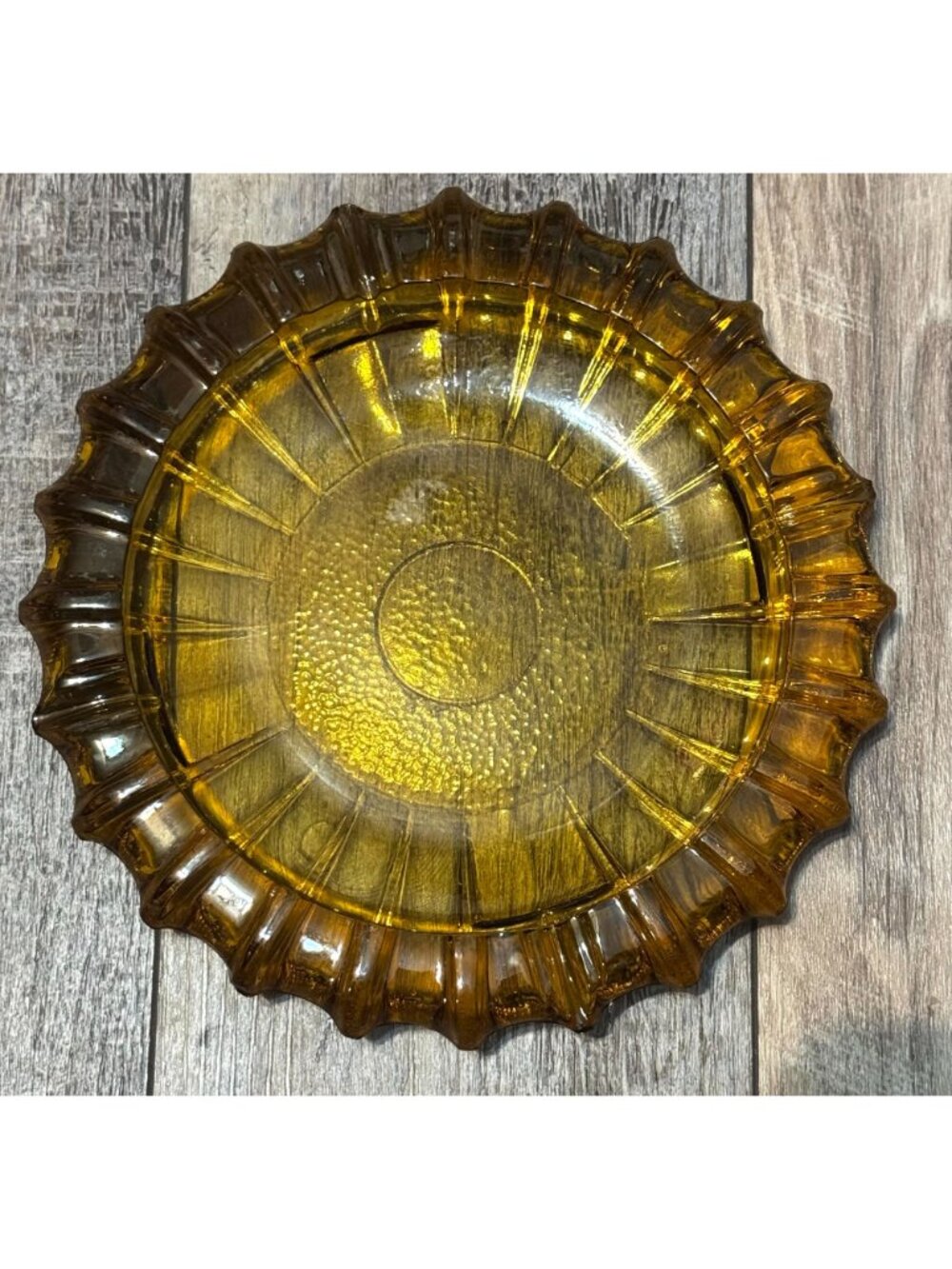 Vintage Fostoria Amber Heavy Glass Fluted Edge Ashtray Sunburst Design - Picture 5 of 6